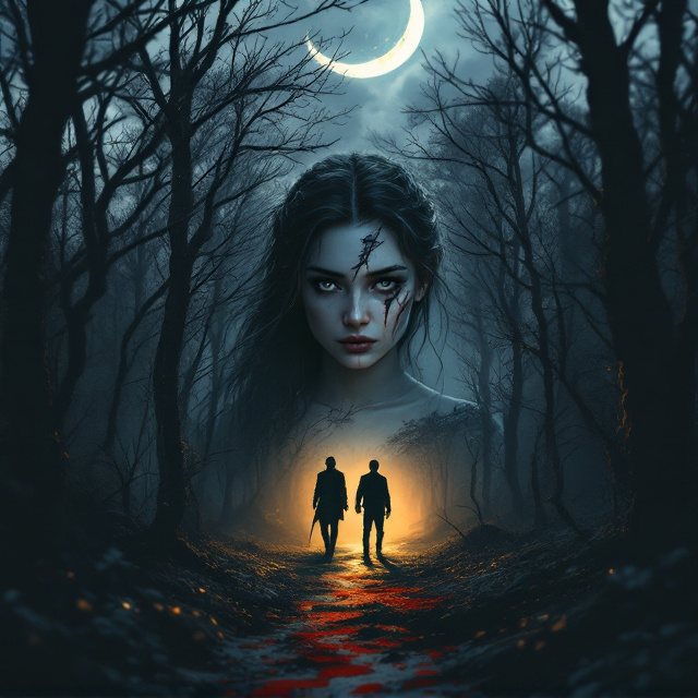 A dimly lit forest with bare trees in the background. The foreground shows the girl, depicted with striking, delicate ethereal features on one half of her face (Hollowborn side) and a sharp scar with rugged, hunter-like armor on the other half (Hunter side). Two male figures are silhouetted in the distance one is enveloped in shadows, exuding a brooding presence, while the other is surrounded by a faint, golden glow expressing warmth. Blood stains scattered across the forest floor lead into a path of darkness. Above the forest, a crescent moon partially obscured by clouds casts a faint silver glow.