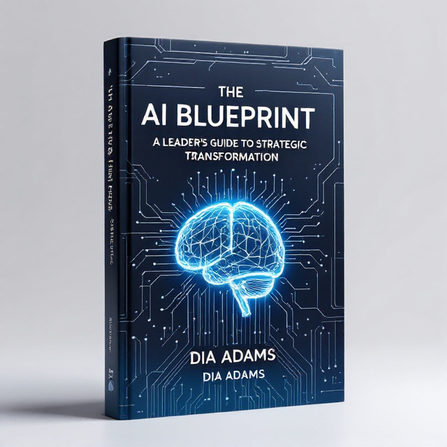 The backdrop is a sleek circuit board design that subtly morphs into a blueprint, giving a futuristic and technological feel. A glowing, abstract AI-powered brain sits at the center, surrounded by dynamic circuitry lines extending outward. At the bottom of the composition, a subtle gradient of blue fades into white to create contrast.