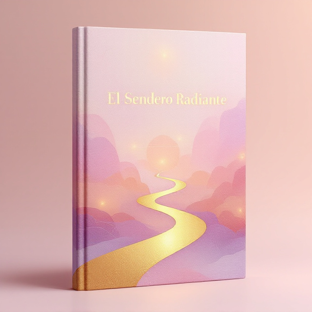 A golden pathway appears winding through a soft watercolor gradient background transitioning from shades of blush pink to serene lavender, symbolizing the "sendero radiante" (radiant path). In the foreground, a sleek silhouette of an ethereal compass contrasts subtly against the path while modern, minimalistic patterns referencing fashion elements (like faint stitched lines) fade in and out on the edges of the background.