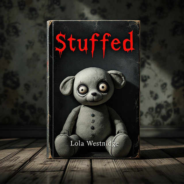 A grotesque, vintage stuffed animal with button eyes torn partially and sitting in an eerie room. Shadows cast long and exaggerated shapes across the wooden floors. The background has faded wallpaper adorned with haunting designs like faint skulls, flowers, or eyes hidden in their patterns. The coloring leans heavily into deep maroon, black, and faded gray tones, giving the scene an unsettling vibe of neglect and danger.