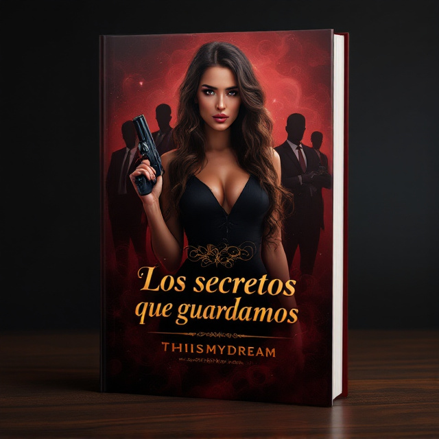 The cover features a striking image of a woman with long, wavy brown hair cascading over her shoulders, holding a sleek, black handgun in her right hand. Her expression is intense yet alluring, evoking mystery and strength. She is positioned slightly to the left of the frame, facing the viewer. Behind her, faded silhouettes of five well-dressed men in tailored suits stand evenly spaced, their postures guarded and enigmatic, shrouded in dark shadows. The background is a deep crimson color, with subtle gradients and swirling textures resembling mist or smoke. Wisps of light illuminate parts of the design, adding intrigue and drama.