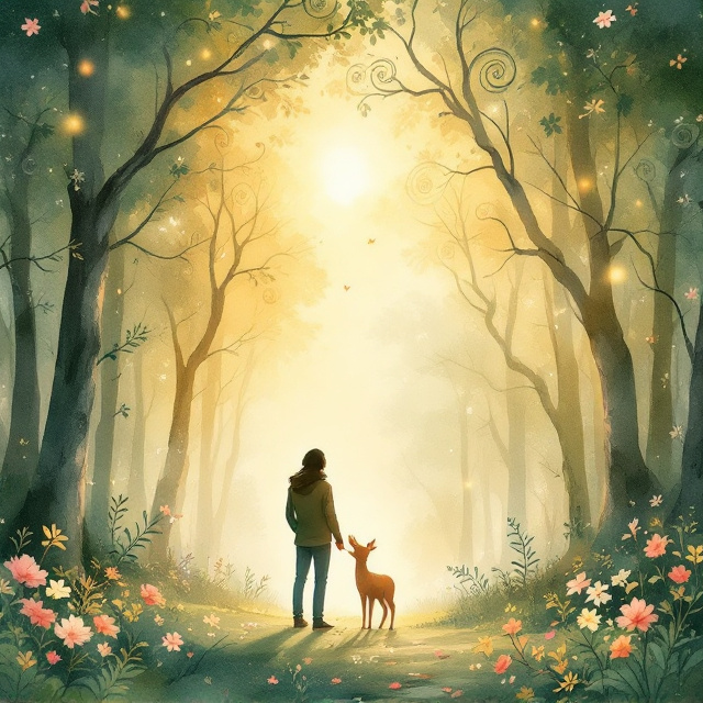 A watercolor illustration of an enchanting forest bathed in golden sunlight, with faint, ethereal whispers depicted as spiraling tendrils in the air. In the foreground, two silhouettes (a person and a deer) are standing close, exuding warmth and connection—a subtle representation of love. The color palette features soft greens, golds, and blush pinks, lending a dreamlike quality to the design.