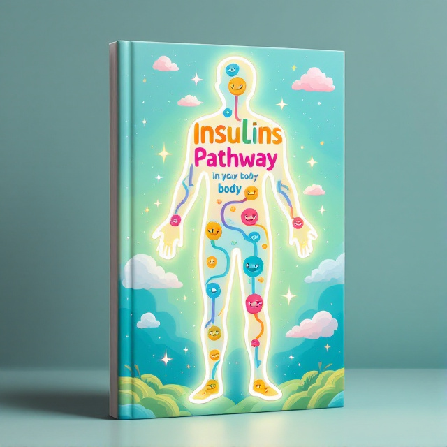 A bright and cheerful illustration of a human body outline, with a glowing pathway of insulin traveling through it. The insulin is represented as friendly, cartoon-like characters moving along a colorful path. The background features vibrant hues of blue and green, suggesting health and vitality, with clouds and sparkles to invoke happiness. Smaller details, such as smiling cells and organs, add interest and fun.