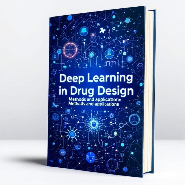 A complex illustration featuring an interconnected neural network, molecular structures representing drugs, and abstract LLM visual elements like swirling text fragments. The background is a gradient blue with darker shades near the edges and glowing center focus. Subtle geometric patterns add depth and precision.