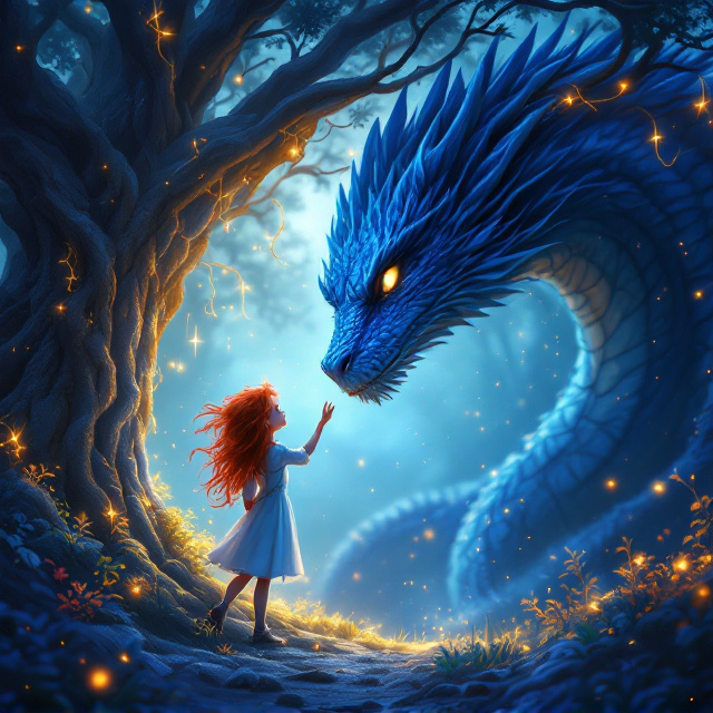 At the base of the scene, an ancient, mystical oak tree dominates with magical glowing tendrils emanating from its bark, casting light in hues of gold and blue. A kind-eyed, massive blue dragon takes up the left side of the cover, standing still at the edge of the forest. The dragon’s shimmering scales reflect lavender and silver tones under the light. An 11-year-old girl with wild red hair, adorned in a simple white outfit for innocence, fills the center-right of the cover, reaching her hand towards the dragon’s snout with wonder and anticipation in her eyes. The forest background fades into a magical haze with glowing particles suspended in the air.