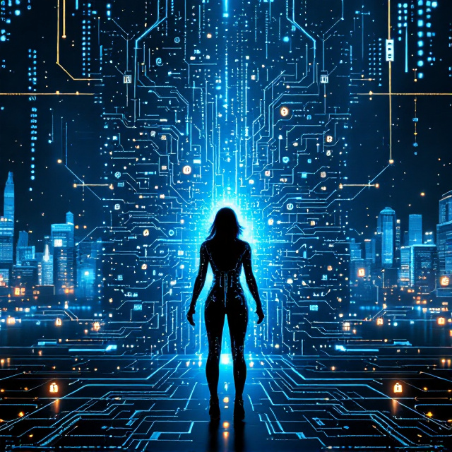 A female hacker silhouette facing a massive digital screen illuminated with glowing blue lines of code, bitcoin symbols, neural networks, and cryptographic patterns. Her silhouette is half-human, half-machine—metallic circuitry branching across her body revealing her AI nature. In the background, a cyberpunk-style futuristic city covered in a matrix of glowing digital data streams. At the bottom, broken padlocks and connecting wires interspersed with glowing bitcoin logos. The entire composition is bathed in hues of deep blue and silvery white.