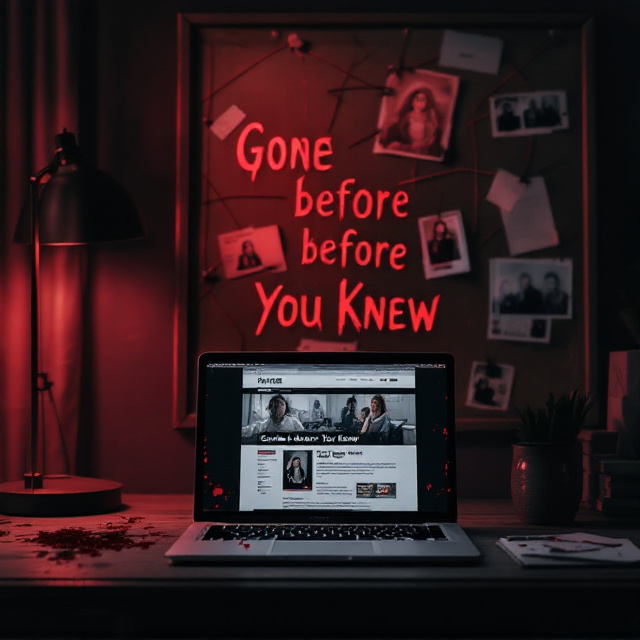 A dimly lit room with a laptop placed on a desk in the foreground. The laptop screen displays a news article about the murdered girl, with faint blood spatters on the screen's corners. Behind the laptop, slightly blurred but visible, there’s a large, eerie murder board with red string connecting pinned photos and notes. The overall color palette includes shades of dark red, black, and gray, with faint illuminations resembling desk lights.