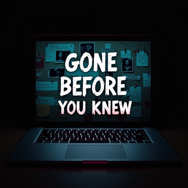 A dimly lit murder board glowing in the background, pinned with photographs, red string connections, sticky notes, and scribbled clues; the subtle flicker of light accentuating blood spatters across the board. In the foreground, a sleek laptop screen glows ominously, casting chilling light over the chaotic scene. The blood spatters extend across the laptop keyboard, tying the two together visually. Shadows are layered to evoke mystery, creating tension and depth in the image.