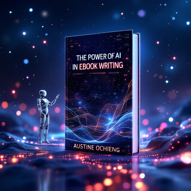 A glowing holographic book floating mid-air against a backdrop of a vast cosmic space filled with stars and swirling galaxies. Streams of data encoded in binary flow out from the book, intertwining with the galaxies above. A futuristic AI figure with sleek metallic design hovers beside the book with a calm yet enigmatic expression, pointing toward it. Shades of blues, purples, and silvery whites dominate the color palette, creating a sense of wonder and intrigue.