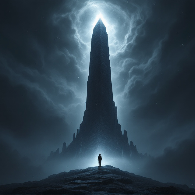 The cover features a colossal, black obsidian spire piercing through thick, swirling, gray storm clouds. At the base of the spire is a faint silhouette of a small figure gazing up in awe, surrounded by fog and shadows. The moonlight subtly illuminates parts of the spire, giving it an ethereal gleam. The background is dark, filled with hints of stars peeking through the oppressive clouds, enhancing the mystery. The sense of scale is dramatic, evoking fear and curiosity, while the spire’s almost divine glow nods to faith.