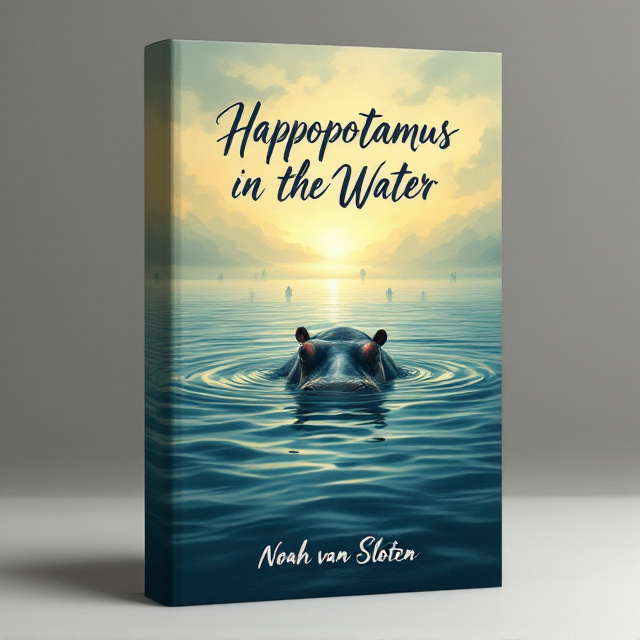 A semi-realistic, melancholic illustration of a lone hippopotamus partially submerged in rippling water that stretches infinitely into the distance, tinged with subtle gradients of blue and yellow. Surrounding the hippopotamus are faint, ghostly silhouettes of undefined figures emerging from the water, representing fading connections and emotions. Above the water lies an ominous, cloudy sky that feels heavy, yet within it breaks a soft ray of light—a subtle gesture toward love amidst despair.