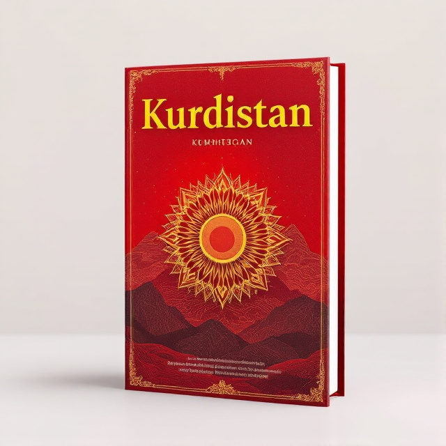A striking red background with a faded silhouette of mountains to represent Kurdistan's rugged landscapes. Overlaid on the mountains is a translucent pattern of Kurdish cultural symbols, like traditional weaving motifs. At the center is a large, golden sun emblem outlined with intricate detailing that signifies Kurdish heritage and unity.