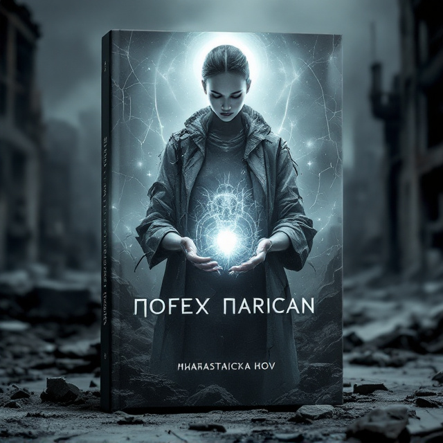 The cover displays a ruined cityscape, with crumbled buildings enveloped in a smoky haze. The foreground prominently features Mариана, wearing a torn but purposeful medical coat, holding a glowing orb-shaped force in her hands that signifies her hidden strength. Above her in a humanoid silhouette, a celestial being with a futuristic aura hovers, emitting a radiant, otherworldly light. The background transitions seamlessly from the ash-covered earth into the metallic, glossy appearance of the robotic world. In the bottom right, a subtle hologram of Кир smirking with a princely flair adds a hint of looming romance and tension.