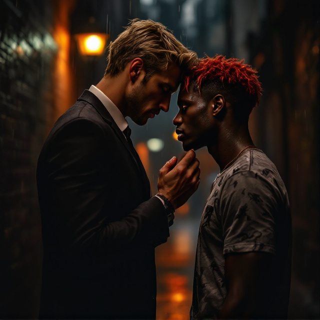 The background is a dimly lit alley under a light drizzle, with a soft streetlight illuminating the figures in the foreground. The tall, muscular, dirty blonde-haired Japanese man is positioned with his back slightly turned to the viewer, lifting the dark-skinned, red-haired man’s chin, their faces inches away from each other. The suit of the tall man gleams faintly under the streetlight, while the red-haired man’s baggy jeans and graphic tee are soaked from the rain. The tension between their facial expressions—intimate and smoldering—captures the core emotion of the story. The shadows in the alley create a looming sense of drama, while their glowing eyes signify a connection bound by action and romance. The overall mood emphasizes smut and lust balanced with affection and secrecy.