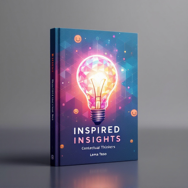 A vibrant color palette, with a background featuring interconnecting geometric shapes that symbolize interconnected ideas. The center showcases a stylized, glowing light bulb encapsulating a mosaic of colors, reflecting the concept of insights and contextual thinking. The overall design includes faint smiling faces integrated subtly into the background for the cheerful, uplifting emotion of the cover.