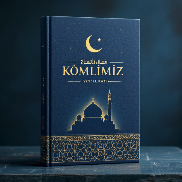 A crescent moon and star gently glowing in the background, surrounded by a deep, textured blue reminiscent of the night sky. Intricate Islamic geometry patterns subtly overlay the background in gold. The focal point is a minimalist silhouette of a mosque dome and minaret centered below the title. Thin, elegant Quranic calligraphy flows along the bottom edge like a golden ribbon.