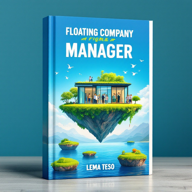 A vibrant green floating island hovering above water is surrounded by blue skies and sunshine. The island features a small, modern office building with happy employees seen through large transparent windows, smiling and engaging in teamwork activities. The background includes distant mountains and birds flying to symbolize freedom and adventure. At the bottom of the cover, smaller floating islands signify growth and new opportunities.