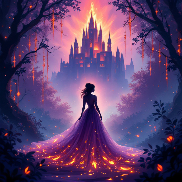 A mystical ball scene bathed in soft purple, blue, and green gradients with streaks of warm orange firelight. A silhouette of Seraphine, dressed in an elegant gown that subtly glows with fiery embers, is positioned prominently in the bottom-mid frame. Above her, in the background, a towering castle with flames licking at its spire is faintly visible. The fiery streaks and embers are drawn in intricate detail to create a magical and romantic ambiance.