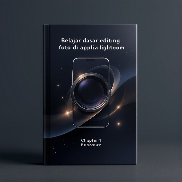 A sleek and minimalist design featuring a dark gradient background that transitions from deep navy blue to black, evoking a calm and strong aesthetic. Positioned prominently in the center is an elegant silhouette of a camera lens overlapping with a smartphone in soft metallic silver tones. Subtle light streaks resembling exposure adjustments gently fade around the edges, hinting at the theme of light manipulation.