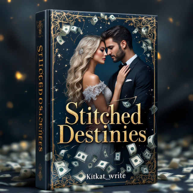A wealthy blond woman and a dark-haired man are intertwined in an elegant pose, slightly turned in opposite directions with longing gazes, suggesting passion and tension. A large threaded needle, embossed in gold, weaves through dollar bills cascading diagonally across the cover. The background is a gradient of deep blue fading into soft silver, with subtle sparkles reminiscent of wealth and glamour.