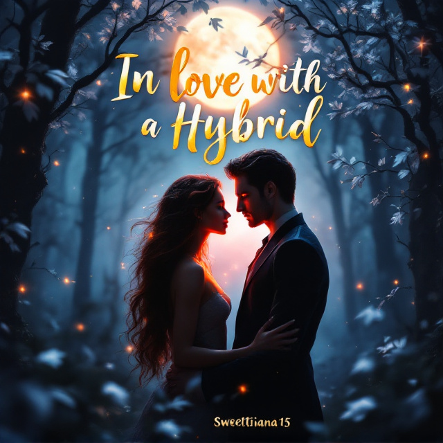 A moonlit forest with shimmering silver leaves, casting an ethereal glow over the shadows. At the center, a wolf-girl with radiant, warm features stands, gazing lovingly at a handsome hybrid—a man with striking features, dark piercing eyes, and subtle vampire traits like faint fangs and luminous, pale skin. The pair stands close under the faint glimmering stars and glowing moonlight, with their bodies slightly outlined by light to portray their connection. The background drenched in soft hues of blue, purple, and silver conveys romance and mystery.
