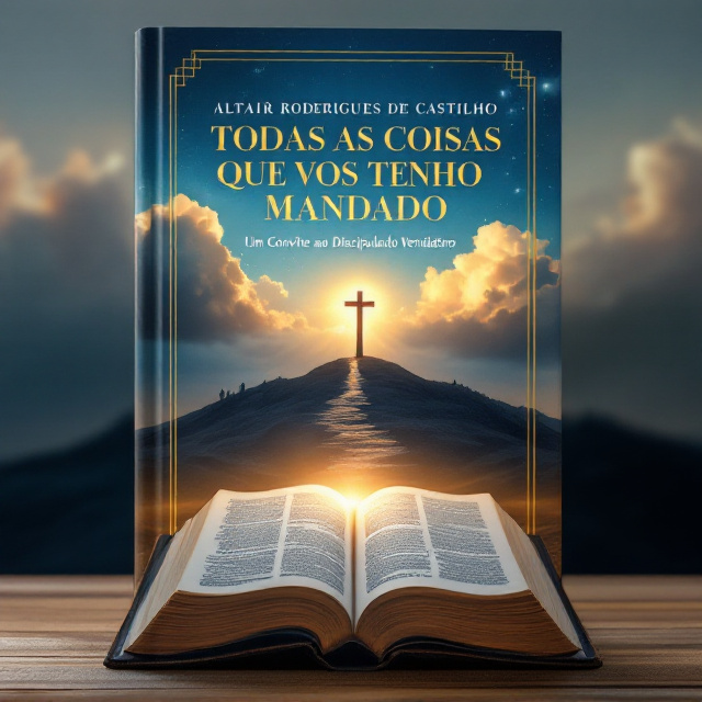 The center of the cover features an open Bible with a soft, golden light radiating from its pages, symbolizing divine revelation. Behind the Bible, a serene sky transitions from deep royal blue at the top to lighter hues near the horizon, adorned with soft, gold-tinged clouds. Subtle silhouettes of disciples walking up a path towards a distant cross are blurred and elegantly integrated. A sophisticated, rectangular golden frame surrounds the entire composition, adding reverence and focus to the imagery.