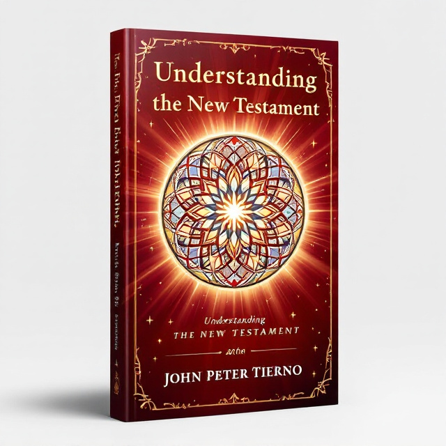 A radiant burgundy background with a subtle gradient to add depth. At the center of the cover, an intricate, glowing circular design resembling a stained glass window with modern, abstract elements that nod to spiritual themes. The circular design is surrounded by softly radiating light beams to convey a sense of enlightenment and divine knowledge. Small, minimalist symbols of crosses and scrolls are scattered across the burgundy background, adding texture while remaining unobtrusive.