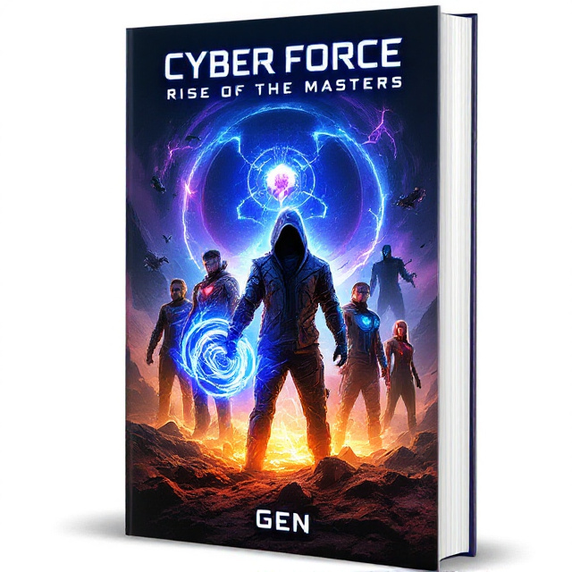 The cover features an apocalyptic yet futuristic scene. In the foreground, James (Elousionist) stands boldly at the center of the glowing crater. His hoodie and cracked futuristic armor pulse with electric blue energy that swirls into his right hand. Behind him, the team is displayed in a semi-circular arc, each character embodying dynamic poses and their elemental powers. The glowing asteroid core emits alien symbols, framed by hovering debris. The dark purple rift in the sky crackles ominously with Phantom’s shadowy form watching over. Cybots emerge from underground dust clouds, and shadows of villains creep along the crater's edges, enhancing intrigue.