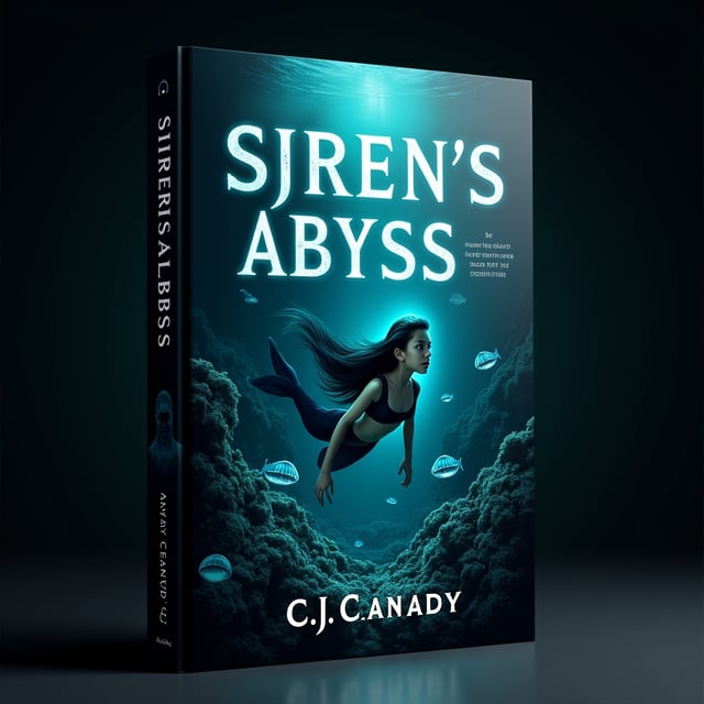 The cover showcases a dark, mysterious underwater scene dominated by shades of deep blue and black. In the foreground, a teenage girl with long, flowing black hair, glowing futuristic swimmer gear, and piercing blue eyes is seen diving downward toward the seabed. Beside her swims a blonde-haired merman, his muscles defined and his expression curious as his golden hair flows with the current. Ghostly light filters through the ocean above and illuminates the shimmering scales of aquatic life surrounding them, such as jellyfish and exotic fish amidst coral formations. The background fades into shadows, suggesting the abyssal depths and strange, macabre shapes teasing the edges.