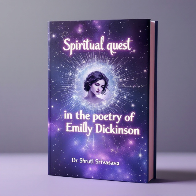 A delicate sketch of Emily Dickinson centered on the cover, surrounded by a radiating depiction of the cosmos in purples, blues, and silvers. Stars streak outward in soft gradients, blending into a cosmic purple background, evoking a sense of infinite inner exploration. White constellations subtly embedded in the design. The author's name written near the bottom keeps focus on Dickinson at the center.