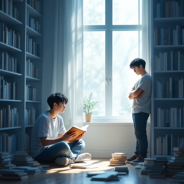 A soft, muted blue and gray color scheme sets the mood, with the library rendered in serenity-inducing tones. The Korean teenager is seated cross-legged in a cozy corner near a window that spills soft light, lending an ethereal glow to the setting. He is holding a book and gazing dreamily outside, surrounded by scattered piles of other books. On the opposite side, standing near a bookcase in sharper focus, the popular teenager leans casually against the bookshelf, arms crossed. His posture shows confidence, and the look in his eyes as he gazes toward the seated teen creates subtle yet striking chemistry. Bookshelves packed with books subtly frame the scene, and the title is creatively integrated into the light streaming from the window.