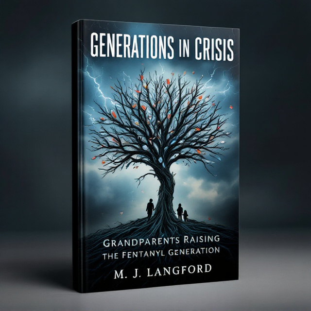 A dark, ominous stormy sky fills the background, with lightning bolts piercing through. A family tree with twisted branches is depicted in the center, its limbs intertwined with syringes, pills, and fragmented prescription bottles. The roots of the tree extend downward, snapping and tangled as though struggling to hold on. Shadows of silhouettes representing grandparents and children stand at the base of the tree, gazing up with somber expressions.
