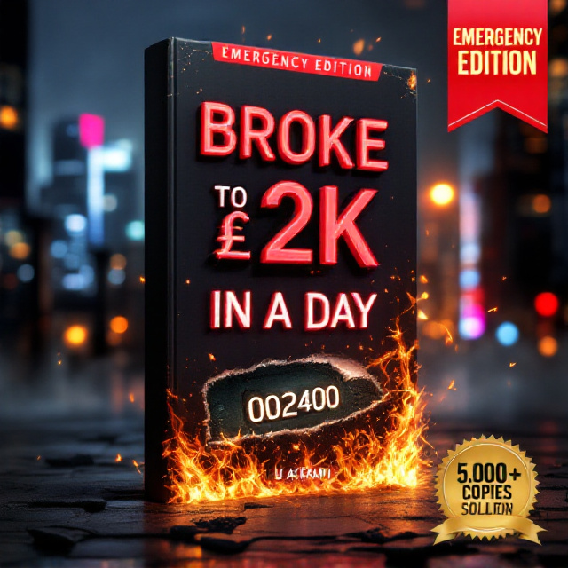 A cinematic layout with a dark, moody cityscape background capturing skyscrapers and glowing neon lights. The burning £20 note dominates the lower foreground, engulfed in realistic flames with subtle smoke trails. Above it, a bold 3D red title “BROKE TO £2K IN A DAY” pops against the background, visually framed by shimmering gold £ symbols. The subtitle appears on a jagged black torn strip beneath the title, while a bright neon countdown clock (002400) pulses near the center. The top-right features a striking red "EMERGENCY EDITION" banner and a gold badge stating "5,000+ Copies Sold" anchors the bottom-left.