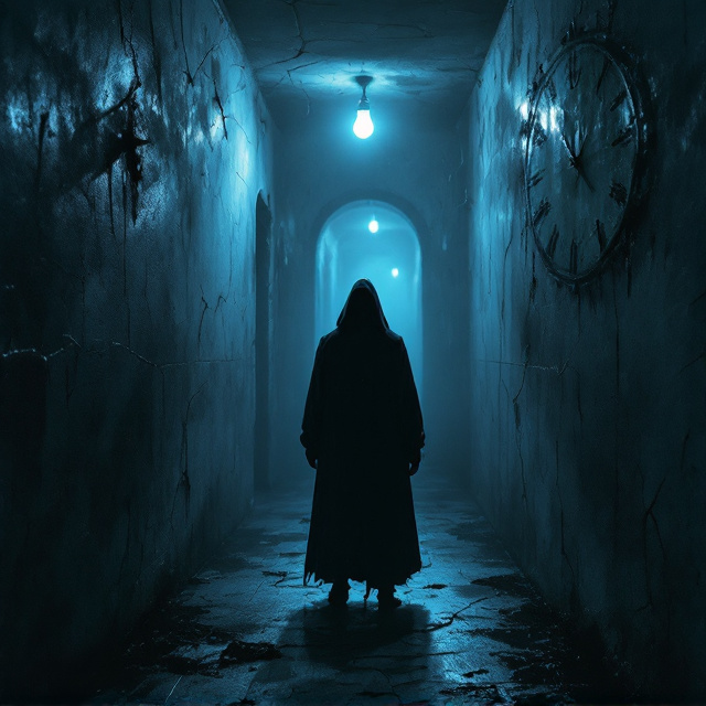 A shadowy figure standing at the end of a narrow, dimly lit hallway with cracked walls. The hallway fades into darkness, while a single flickering lightbulb provides an unsettling light. A vintage clock with hands stuck at midnight hangs slightly tilted on one wall. Faint whispers and ghostly silhouettes are suggested in the shadows near the walls. The color palette is dominated by dark blues, grays, and blacks with hints of cold white resembling moonlight.