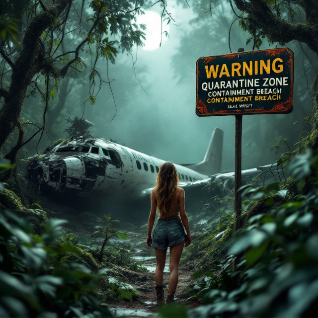A girl dressed in torn, dirt-smeared clothing stands amidst twisted jungle vines in the foreground. Behind her, the wreckage of a small passenger plane lays scattered, its tail sticking out eerily at an angle. Creeping vines and moss have overtaken the wreckage. Looming in the background, partially hidden by mist and shadows, stands a rusty metal sign with ominous text "WARNING Quarantine Zone - Containment Breach." The jungle itself is dense, with ominous green hues and a dark, shadowy atmosphere. Sharp beams of moonlight break through the canopy, highlighting danger and isolation.