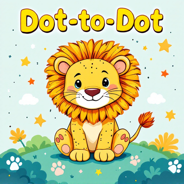 A cute baby lion is halfway revealed in bold, full-color strokes, emerging from its partially connected dot-to-dot outline. The body’s transformation is signified by pencil-drawn numbered dots fading into the colorful final image of the smiling lion. Around the lion, whimsical elements such as stars, clouds, and paw prints add a playful touch, while the background is a blend of light blues and greens. The overall design radiates happiness, curiosity, and charm, with the lion acting as the focal point surrounded by vibrant and cheerful details.