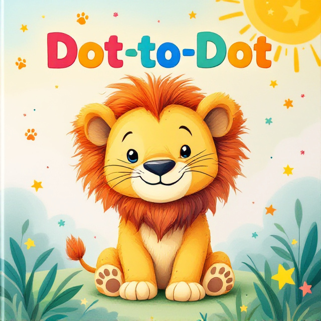 A partially connected dot-to-dot drawing of a smiling baby lion, positioned centrally on the cover. The lion is shown half-formed, with numbered pencil-drawn dots fading into a vibrant, full-color illustration of the happy lion on the right. Playful elements such as paw prints, whimsical clouds, and scattered stars decorate the background, blending seamlessly with light blue, yellow, and green hues.
