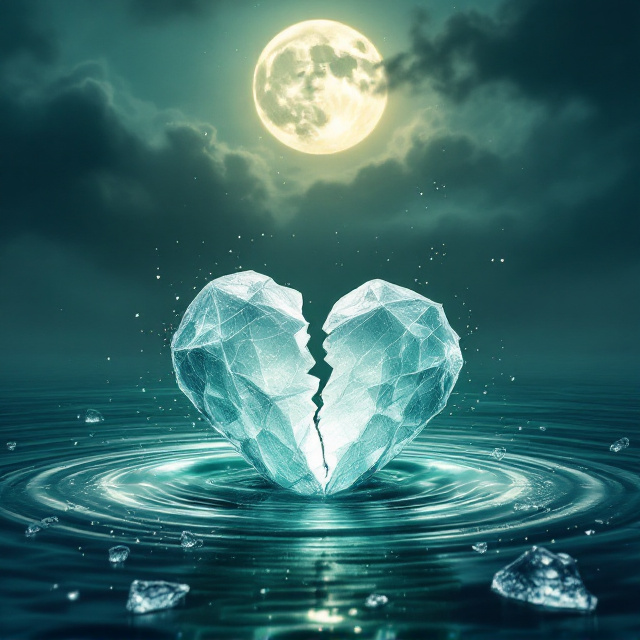 A shattered heart carved from misty ice floats in the middle of an emerald-green ocean under a moonlit sky, where faint ripples surround it. Drops of water are scattered around the heart, symbolizing tears, and wisps of dark clouds linger above. The atmosphere is melancholic and haunting, indicating both sadness and mystery, yet the glowing moon suggests elusive hope.