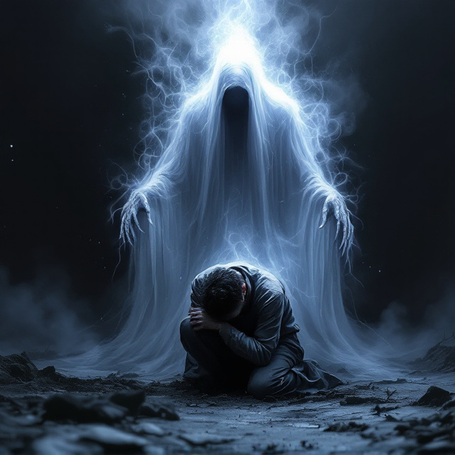 A kneeling man with disheveled clothing positioned centrally, his head buried in his hands, surrounded by a feeling of decay. Above him looms a ghostly, translucent figure with ethereal tendrils extending outward like smoke, almost enveloping the man entirely. The ghost has an expression of sorrow and eerie omnipotence, rendered larger and more overbearing than the man to create a powerful imbalance. The background transitions from deep purples and blues at the top to pitch black at the bottom, symbolizing descent into despair. Subtle textures of decay, such as cracks and faded details, ripple through the environment. The light source at the top right serves as cold illumination, casting unsettling shadows below.