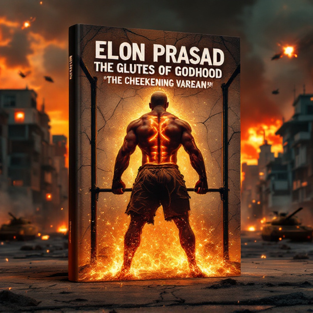 Elon Prasad dominates the center of the cover with a powerful stance, shirtless, slightly turned to showcase his glowing, radiant glutes as the focal point of the design. His torn gym shorts amplify the absurdity element, while sparks and smoke swirl around him from the destroyed gym floor behind. In his hand, he grips the bent squat rack bar as if it were a mere twig. The cracked gym wall behind him contains Tamil graffiti in bold, aggressive strokes saying "Perambur varaan," with flames and embers licking the edges of the text. The Chennai cityscape in the background is chaotic—buildings crumbling, tanks rolling in, and helicopters descending through the orange-red sunset sky. Pillars of smoke rise from distant explosions, and faint energy ripples emanate from Elon’s dramatic pose, creating a sense of awe and suspense.