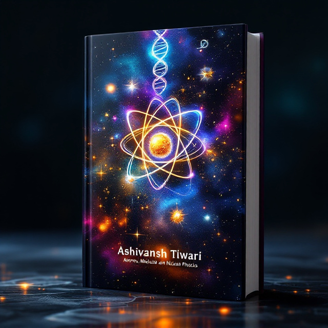 A striking dark cosmic background filled with nebulas and swirling galaxies, giving an ethereal and mysterious effect. At the center, a luminous atom structure with orbiting golden particles and glowing molecular lines radiates energy outward. Above the atom, a holographic representation of a DNA helix floats in vibrant blues and greens. At the bottom, the outline of a nuclear reactor is incorporated subtly, blending seamlessly into the cosmic setting.