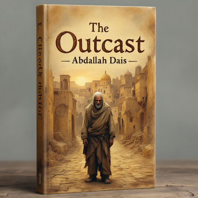 An ancient Middle Eastern scene dominates the cover with a faded painting-style depiction of Jerusalem's old city in the background. At the forefront, an old, miserable man dressed in rugged, dirty rags stands slightly off-center, looking down along cobblestone streets. The color palette focuses on tan and yellow hues, with subtle textures creating an aged and worn atmosphere. The sky above the city is dim, adding to the bizarre emotional tone.
