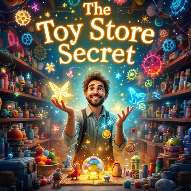 The cover depicts a vibrant, magical toy shop with colorful gears, glimmering toys, and sparkling lights. Isaac, the adult protagonist, is framed centrally. He wears a curious yet joyful expression, interacting with floating, enchanted toys. The background brims with shelves lined with mysterious gadgets and glowing magical artifacts. A faint golden glow permeates the setting, giving off a sense of wonder and hidden suspense.