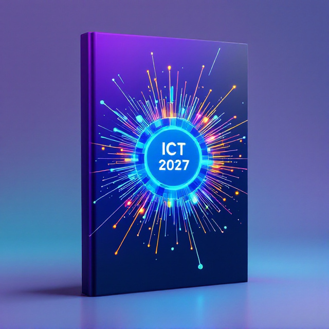 A dynamic explosion of vibrant lines and nodes symbolizing interconnected technology. The cover showcases a central circular graphic resembling a futuristic network, with pulsating neon colors of blue, green, and orange radiating outward. A gradient background transitions from deep purple at the bottom to light cyan at the top, giving it a modern and energetic feel.