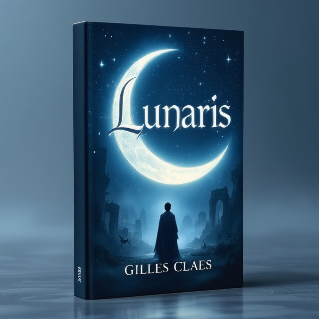 A crescent moon glowing ethereally sits prominently at the center of a dark blue, starlit background, with mist curling around its edges. The silhouette of the main character, a human figure cloaked in billowing robes with an air of mystery, stands beneath the moon, gazing up at it. There are faint, ghostly outlines of fantastical creatures and ruins tucked into the mist surrounding the figure.