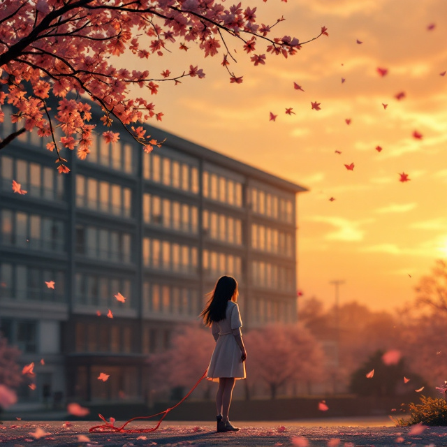 A picturesque high school building bathed in warm sunset hues occupies the background, creating a dreamy atmosphere. Silhouetted in the foreground, a delicate high school girl stands, holding a loosely tangled red string. The string trickles away towards the bottom edge of the cover, but remains unconnected to anyone or anything, symbolizing untethered emotions. Scattered soft petals from cherry blossoms dance in the air around her.