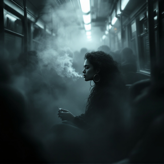 A dimly lit train interior is the centerpiece, enveloped in layers of shadow. The main character sits alone towards the center of the frame, her dark, curly, long hair cascading over her shoulders while her hoop earrings glint faintly. A cigarette smolders in her hand, its smoke winding upward and blending into the thick fog that swirls around faceless, blurry silhouettes in varying muted, fragmented colors. The surrounding fog heightens the sense of silent chaos, creating a stark juxtaposition between her solitude and the suffocating crowd. The background fades into black along the edges, amplifying the tension and darkness. Splashes of red and gray punctuate the scene, hinting at danger and melancholy.