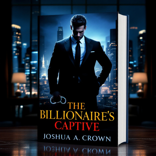 The backdrop features a nighttime cityscape with towering skyscrapers illuminated by distant lights, creating an aura of mystery and sophistication. At the forefront, the lower portion transitions seamlessly into a luxurious interior with a grand office environment—sleek furniture, expensive decor, and subtle metallic textures. The central focus is an intense standoff between a tall, commanding man in a perfectly tailored dark suit and a strong-willed woman gripping a pair of handcuffs. The man towers slightly over her, exuding control but with a hint of deeper vulnerability. The woman’s posture is powerful, her expression fierce, as the metallic handcuffs glint under a faint halo-like light that symbolizes her entrapment but also her strength. The scene is balanced with an interplay of deep blue and black tones, with subtle red accents like her lipstick and his tie hinting at passion and danger.