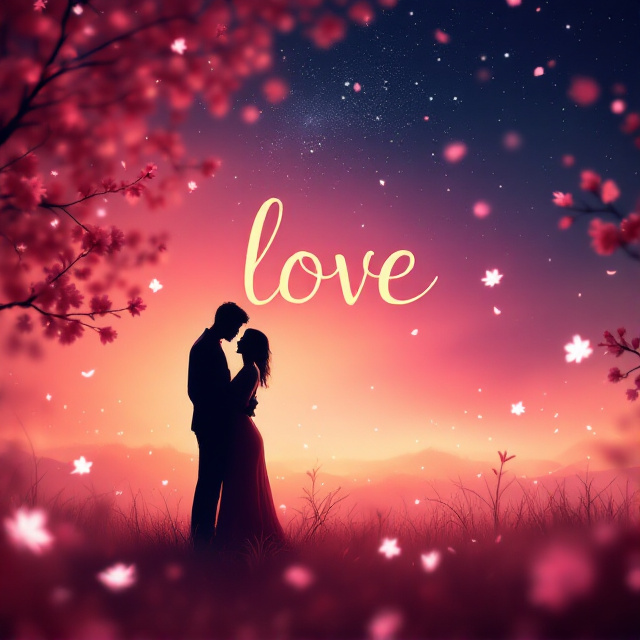 A silhouette of a couple standing close together, with soft, glowing gradients of pink and red hues forming the background. Subtle cherry blossom petals drift across the cover, adding texture and emotion. The edges are slightly blurred, symbolizing warmth and intimacy, while the night sky sprinkled with stars offers depth and drama in the upper section of the cover.