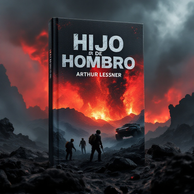 A dramatic volcanic landscape dominates the background, with fiery eruptions casting an ominous glow in shades of red and gray. In the foreground, silhouetted figures of miners toil amidst the rocky terrain, their expressions hidden but their posture indicating a struggle. To the side, a striking combat vehicle hovers, rugged and futuristic, poised for confrontation. The dark, smog-laden sky adds an air of mystery and danger.
